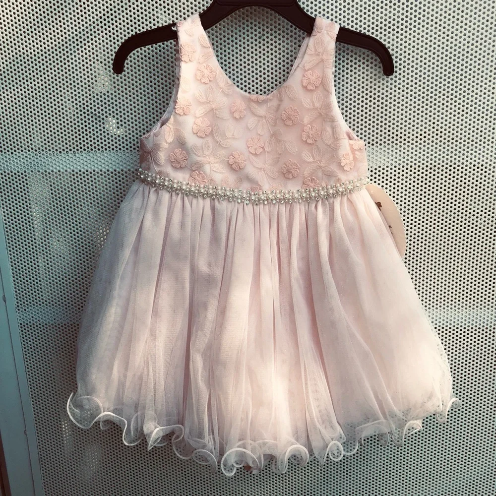 American Princess Light Pink Floral Pearl-Trim Tulle Dress